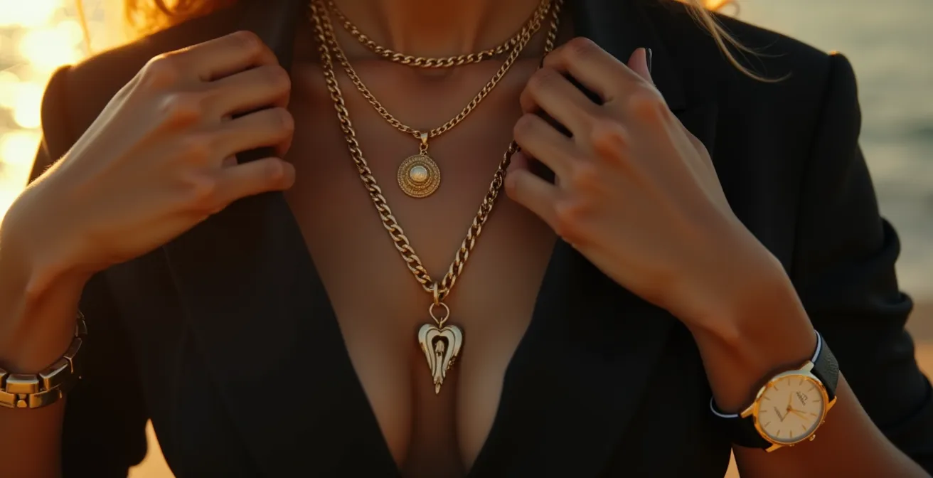 Eine elegante Frau in minimalistischem schwarzen Outfit mit auffälligen goldenen Accessoires: Statement-Halskette, Armband und Uhr, die ihre Persönlichkeit und ihren Stil ausdrücken.