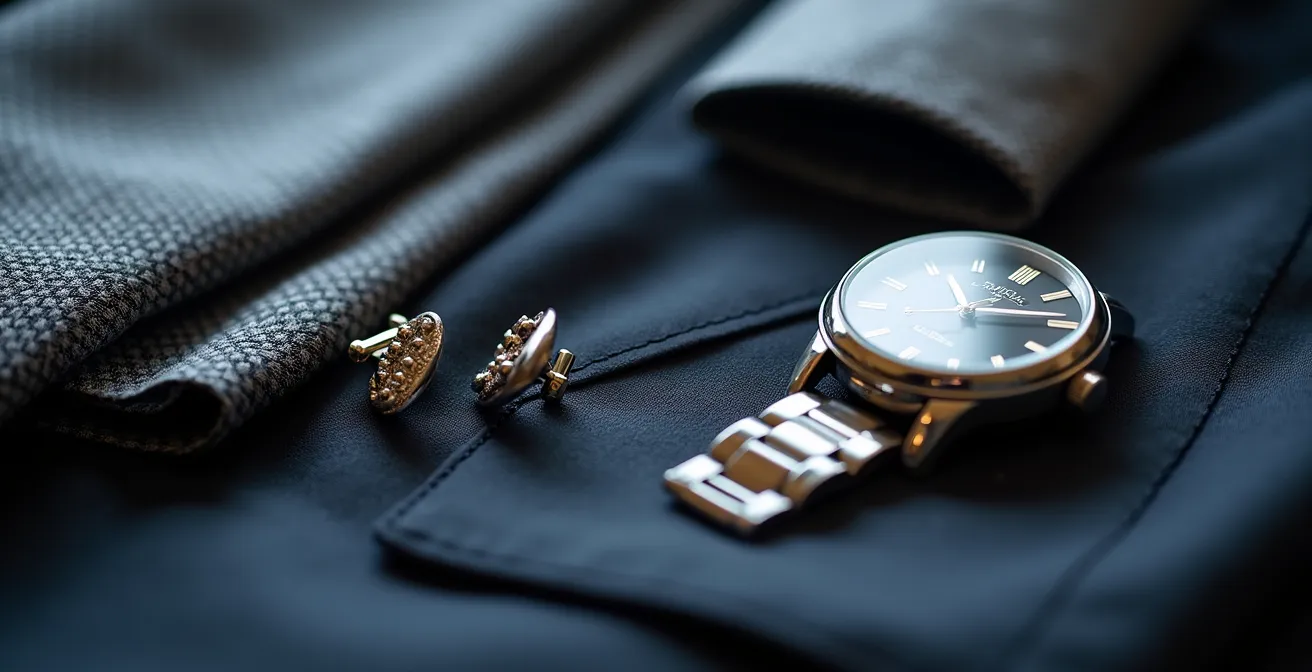 Detaillierte Nahaufnahme von eleganten Herren-Accessoires: Manschettenknöpfe, Einstechtuch, Krawatte und Taschenuhr zeigen subtile Persönlichkeit