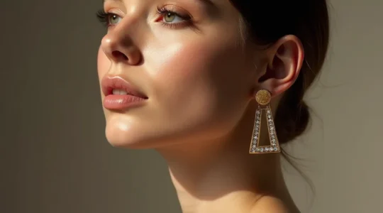 Frau mit modernem asymmetrischen Ohrring-Look, verschiedene geometrische Designs pro Ohr, zeigt Gesichtsharmonie