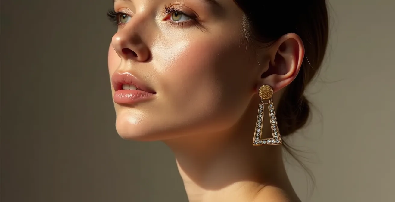 Frau mit modernem asymmetrischen Ohrring-Look, verschiedene geometrische Designs pro Ohr, zeigt Gesichtsharmonie