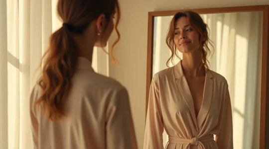 Eine Person, die vor einem Spiegel steht und bewusst Kleidungsstücke auswählt, während abstrakte Elemente wie Gehirnwellen und Dopaminmoleküle um sie herum schweben.