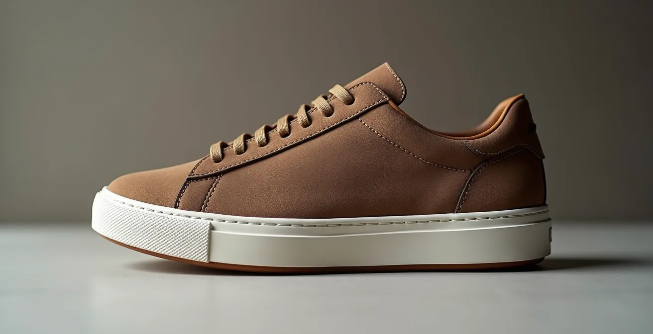 Detailaufnahme hochwertiger Office-Sneaker: Glattleder, durchdachtes Design, minimalistisches Branding und edle Materialien