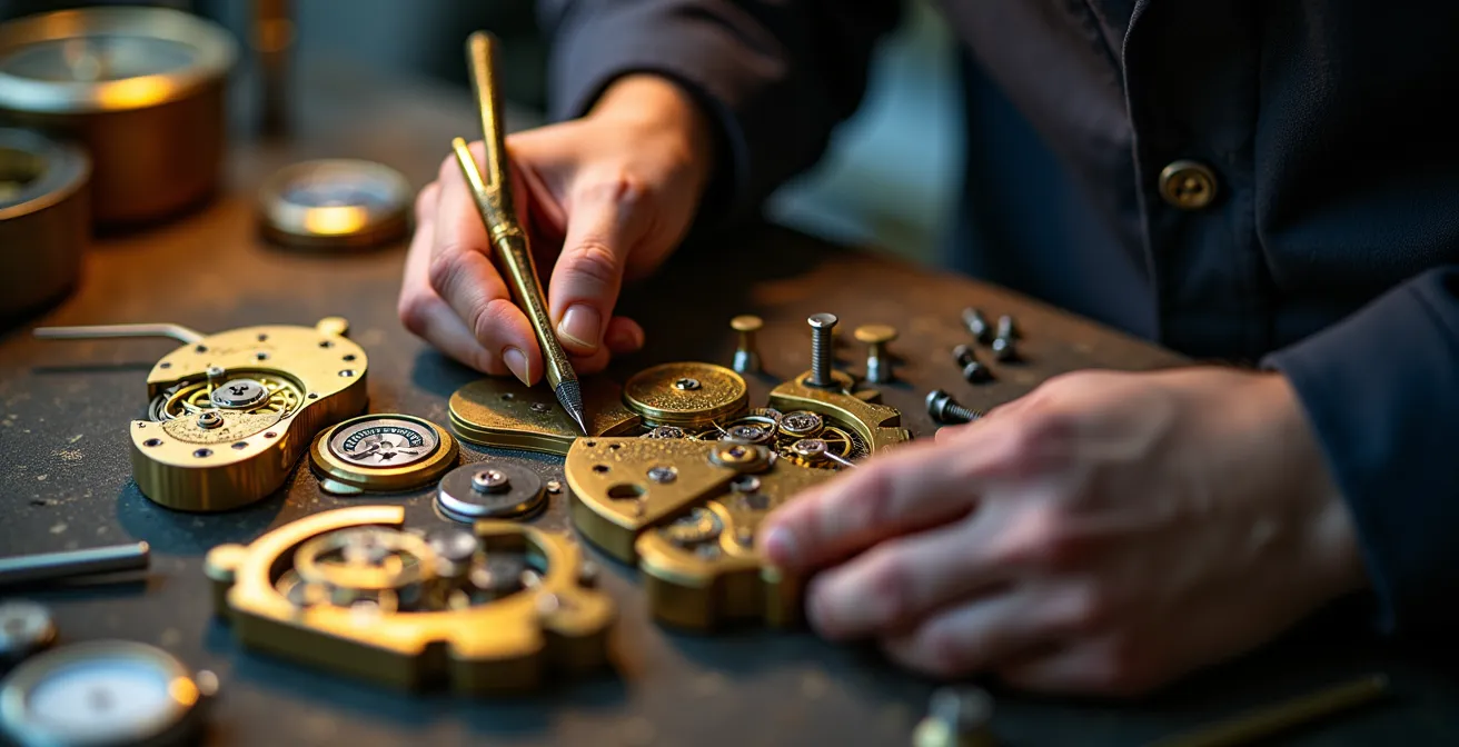 Nahaufnahme von präziser Handwerkskunst in einer deutschen Uhrenmanufaktur mit filigranen Werkzeugen und Komponenten