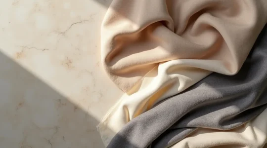 Nahaufnahme von edlen Textilien und Materialien wie Kaschmir und Seide in natürlichem Licht