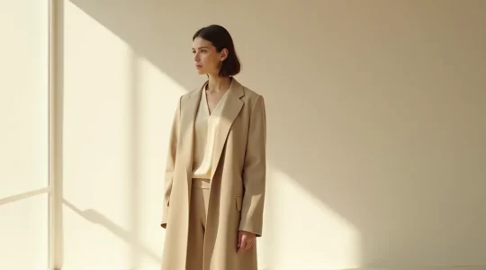 Elegante minimalistische Mode: Frau in schlichtem, hochwertigem Outfit mit klaren Linien und neutraler Farbpalette