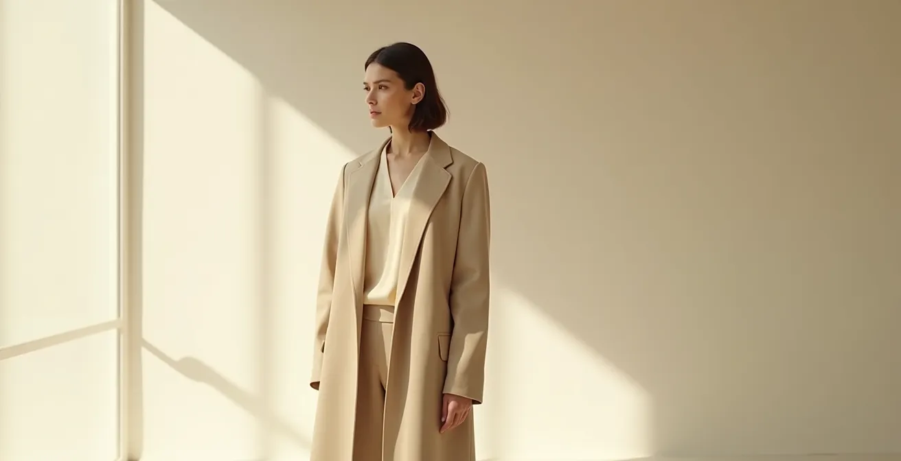 Elegante minimalistische Mode: Frau in schlichtem, hochwertigem Outfit mit klaren Linien und neutraler Farbpalette