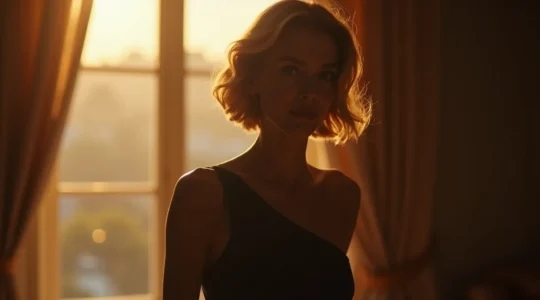 Elegante Frau in schwarzem Etuikleid mit perfekter Passform und modernem Styling