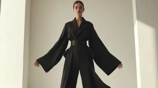 Frau in ausdrucksstarkem Oversize-Outfit mit klarer Silhouette, betonte Taille und dramatisches Volumen