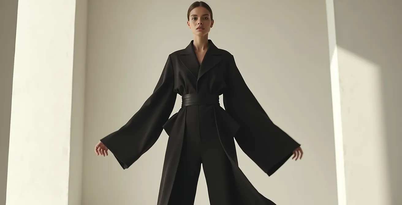 Frau in ausdrucksstarkem Oversize-Outfit mit klarer Silhouette, betonte Taille und dramatisches Volumen