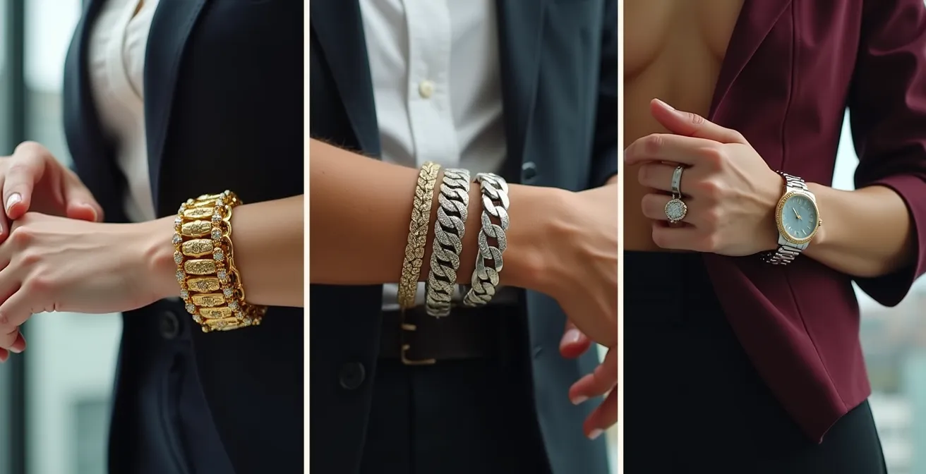 Visuelles Beispiel von drei häufigen Styling-Fehlern bei Statement-Gliederarmbändern: zu opulentem Schmuck im Büro, Konkurrenz zwischen mehreren auffälligen Stücken und unbequeme Armband-Ärmel-Kombination