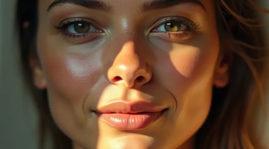 Eine Frau mit asymmetrischen Gesichtszügen, die ihre einzigartige Gesichtsform stolz präsentiert, mit natürlichem Licht und subtiler Hervorhebung ihrer charakteristischen Merkmale.