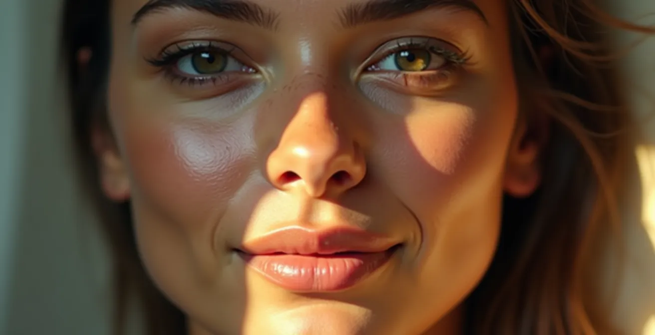 Eine Frau mit asymmetrischen Gesichtszügen, die ihre einzigartige Gesichtsform stolz präsentiert, mit natürlichem Licht und subtiler Hervorhebung ihrer charakteristischen Merkmale.
