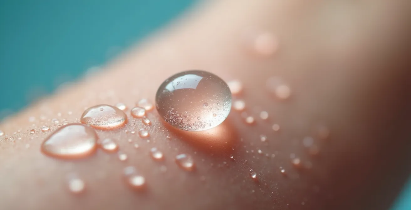 Eine makrofotografische Aufnahme von Wassertropfen auf Haut mit sichtbarem Kalkfilm, durchleuchtung zeigt die Beschädigung der Hautbarriere-Struktur