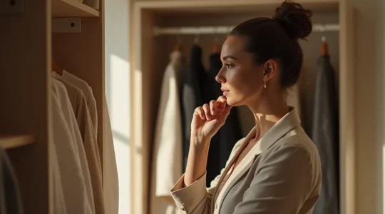 Eine Frau betrachtet nachdenklich ihren Kleiderschrank, umgeben von sorgfältig ausgewählten, hochwertigen Kleidungsstücken in neutralen und eleganten Farben, die die Essenz ihrer persönlichen Stil-DNA verkörpern.
