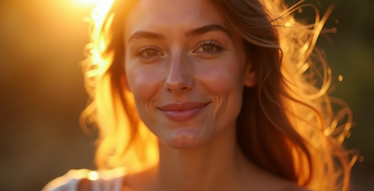 Ein Portrait einer Person, die innere Ruhe und authentische Ausstrahlung ausstrahlt - Selbstakzeptanz und präsente Energie visualisiert