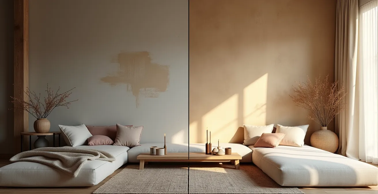 Visuelle Darstellung des Unterschieds zwischen japanischem Wabi-Sabi Purismus und skandinavischer Hygge-Gemütlichkeit