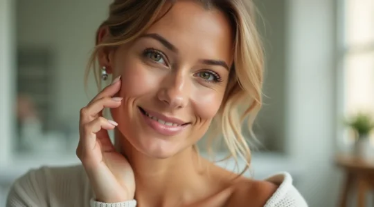 Eine hochwertige Fotografie einer Frau mit strahlender, gepflegter Haut, die sanft ihre Gesichtshaut berührt, umgeben von minimalistischen Hautpflegeprodukten in Apotheken-Optik auf strukturiertem Hintergrund