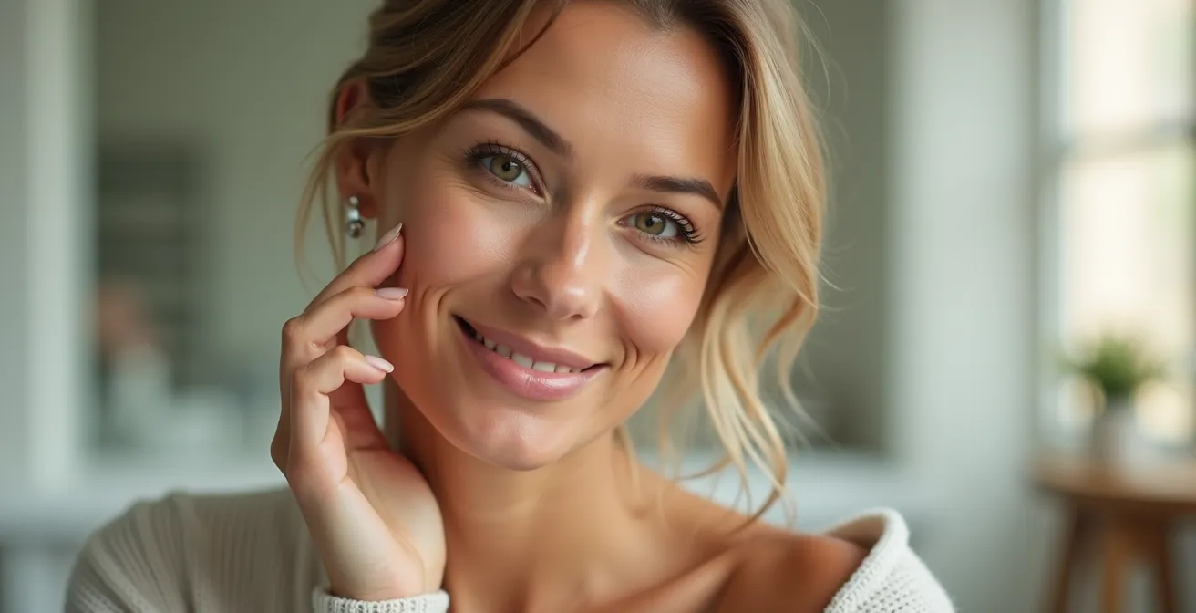 Eine hochwertige Fotografie einer Frau mit strahlender, gepflegter Haut, die sanft ihre Gesichtshaut berührt, umgeben von minimalistischen Hautpflegeprodukten in Apotheken-Optik auf strukturiertem Hintergrund