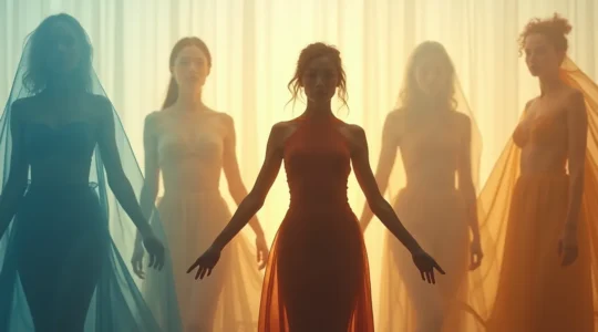 Eine elegante Frau, die ihren Körper in verschiedenen Silhouetten und Stoffen präsentiert, mit geometrischen Formen und Lichteffekten.