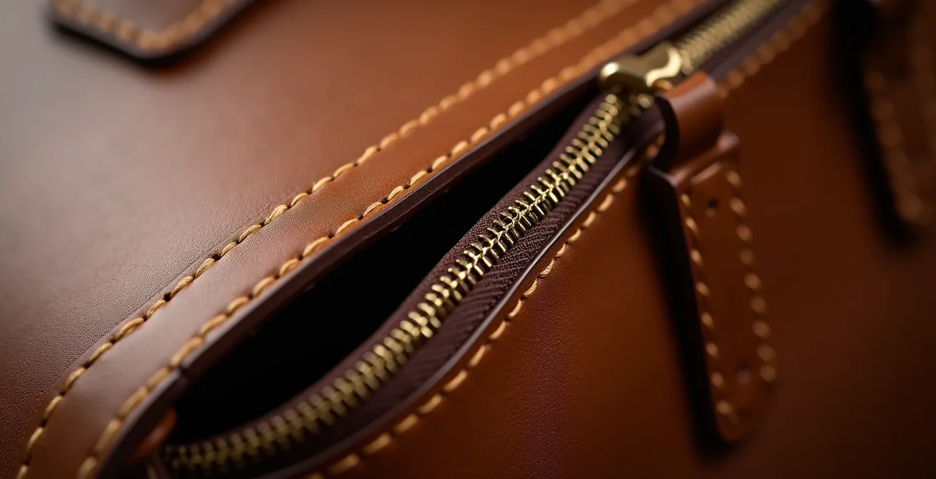 Nahaufnahme der Verarbeitung einer hochwertigen Lederhandtasche mit Fokus auf Nähte und Metallbeschläge