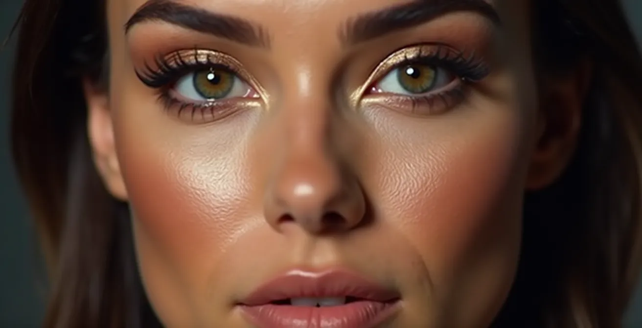 Ein detailliertes Make-up-Tutorial, das die strategische Platzierung von Highlight und Schatten auf verschiedenen Gesichtsbereichen zeigt.