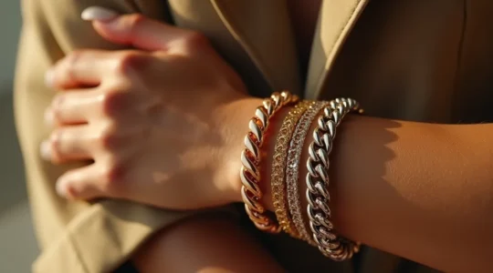 Elegant gestaltete Armparty mit mehreren Statement-Gliederarmbändern in Gold- und Silbertönen auf einem stilvollen Handgelenk