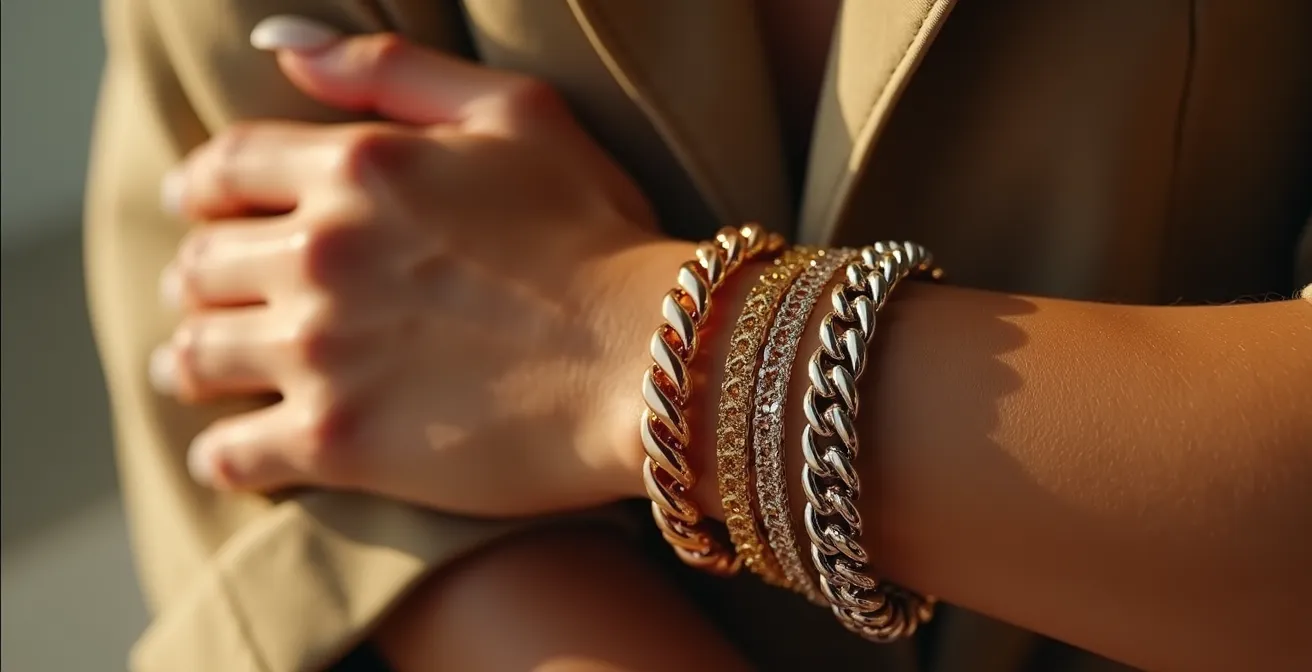 Elegant gestaltete Armparty mit mehreren Statement-Gliederarmbändern in Gold- und Silbertönen auf einem stilvollen Handgelenk