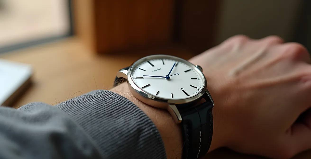 Eine minimalistische Nomos Glashütte Uhr auf natürlichem Untergrund mit weichem Tageslicht