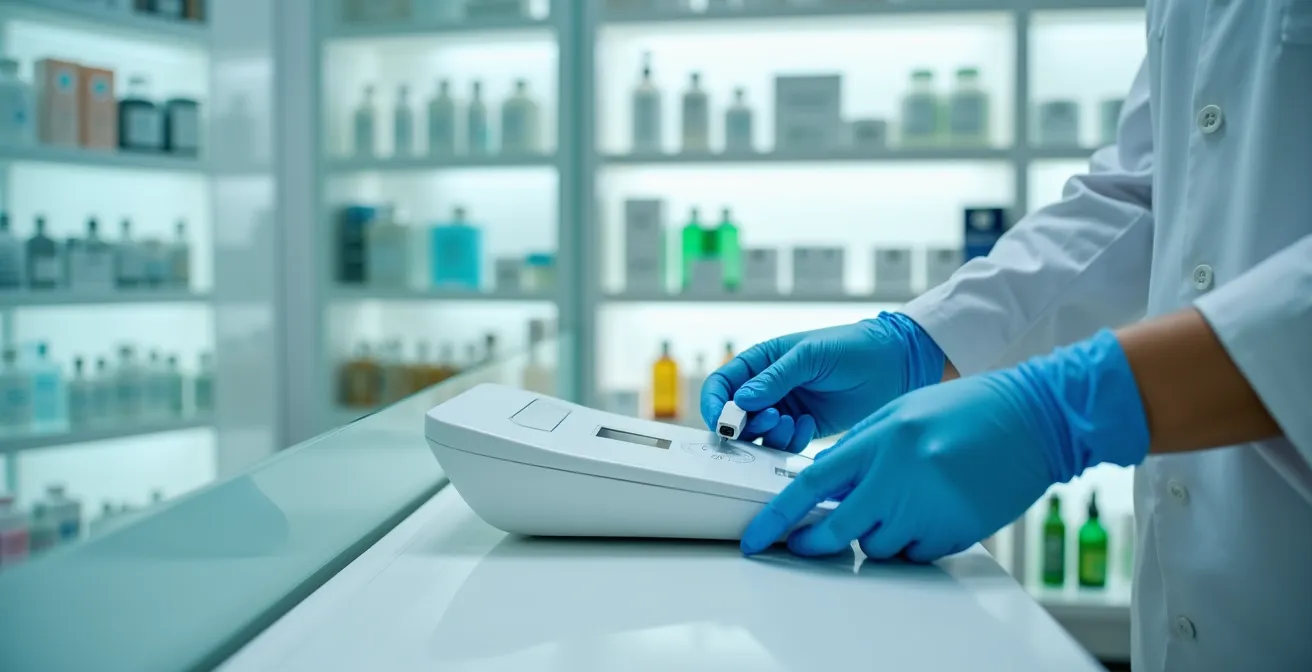 Eine Aufnahme einer modernen Apotheken-Hautanalysestation mit High-Tech-Geräten, sanftem Licht und einer PTA-ähnlichen Fachperson, die sachkundig vor einem kalibrierten Messgerät arbeitet