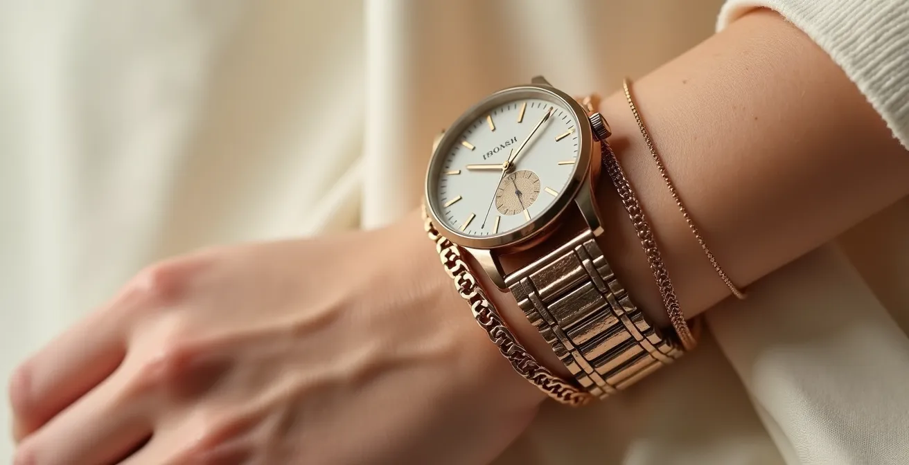 Elegantes Beispiel eines perfekt gestylten Armgelenks mit kombiniertem Gliederarmband und Luxusuhr in abgestimmten Metalltönen und harmonischen Proportionen