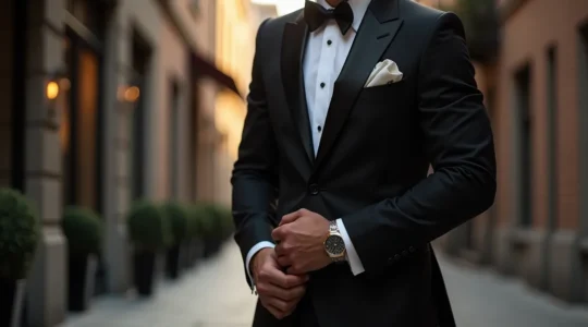Eleganter Gentleman in schwarzem Anzug mit formellen Accessoires zeigt subtile Persönlichkeitsdetails und Stilsicherheit