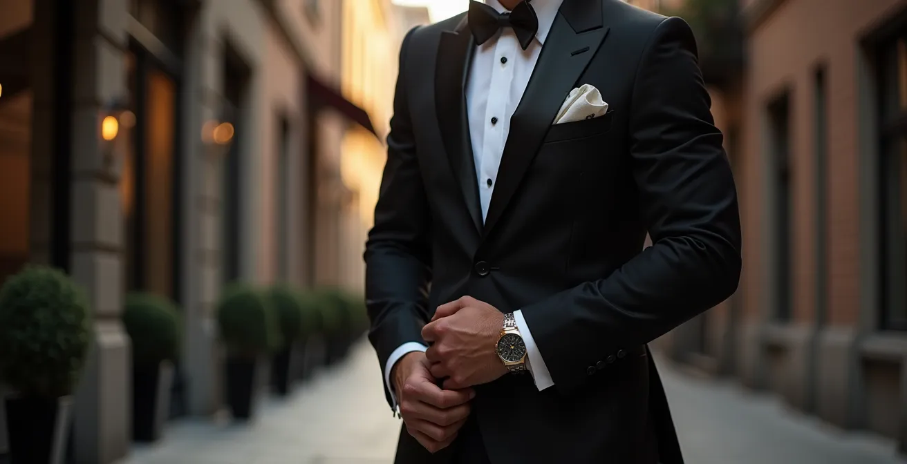 Eleganter Gentleman in schwarzem Anzug mit formellen Accessoires zeigt subtile Persönlichkeitsdetails und Stilsicherheit