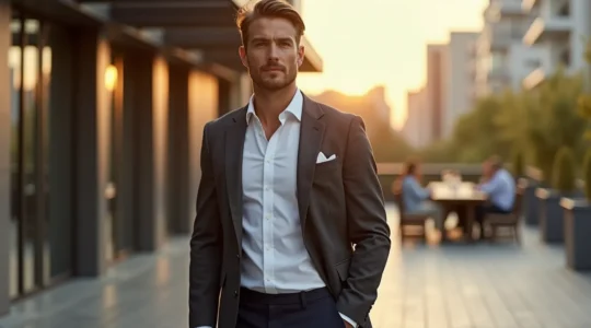 Mann in elegantem Smart Casual Outfit mit Strickblazer, hochwertigem Hemd und minimalistischen Sneakern.