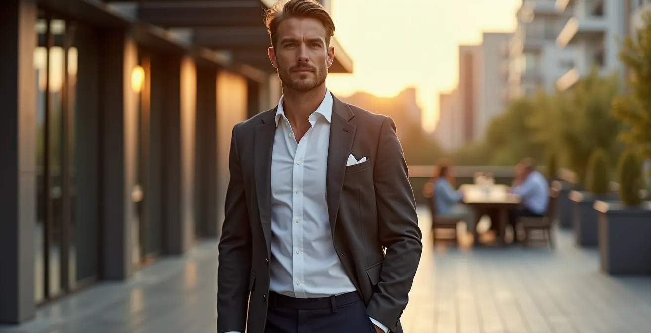 Mann in elegantem Smart Casual Outfit mit Strickblazer, hochwertigem Hemd und minimalistischen Sneakern.