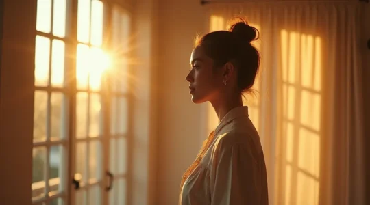 Eine Frau in minimalistischer Pose, die ihre innere Ausstrahlung und authentische Persönlichkeit durch bewusste Modewahl ausdrückt