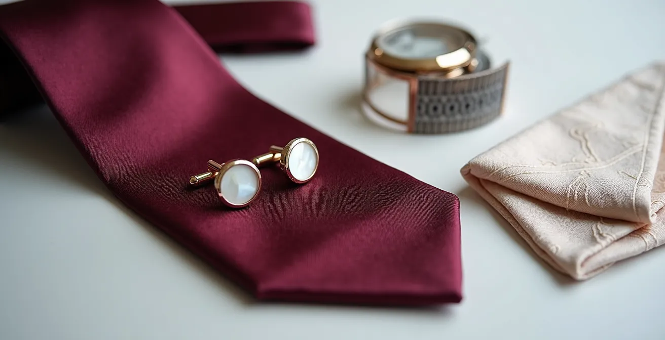 Detailansichten von hochwertigen formalen Accessoires: Seidenkrawatte mit feinem Muster, Perlmuttknöpfe, Seidenmanschettenknöpfe und hochwertige Uhr.