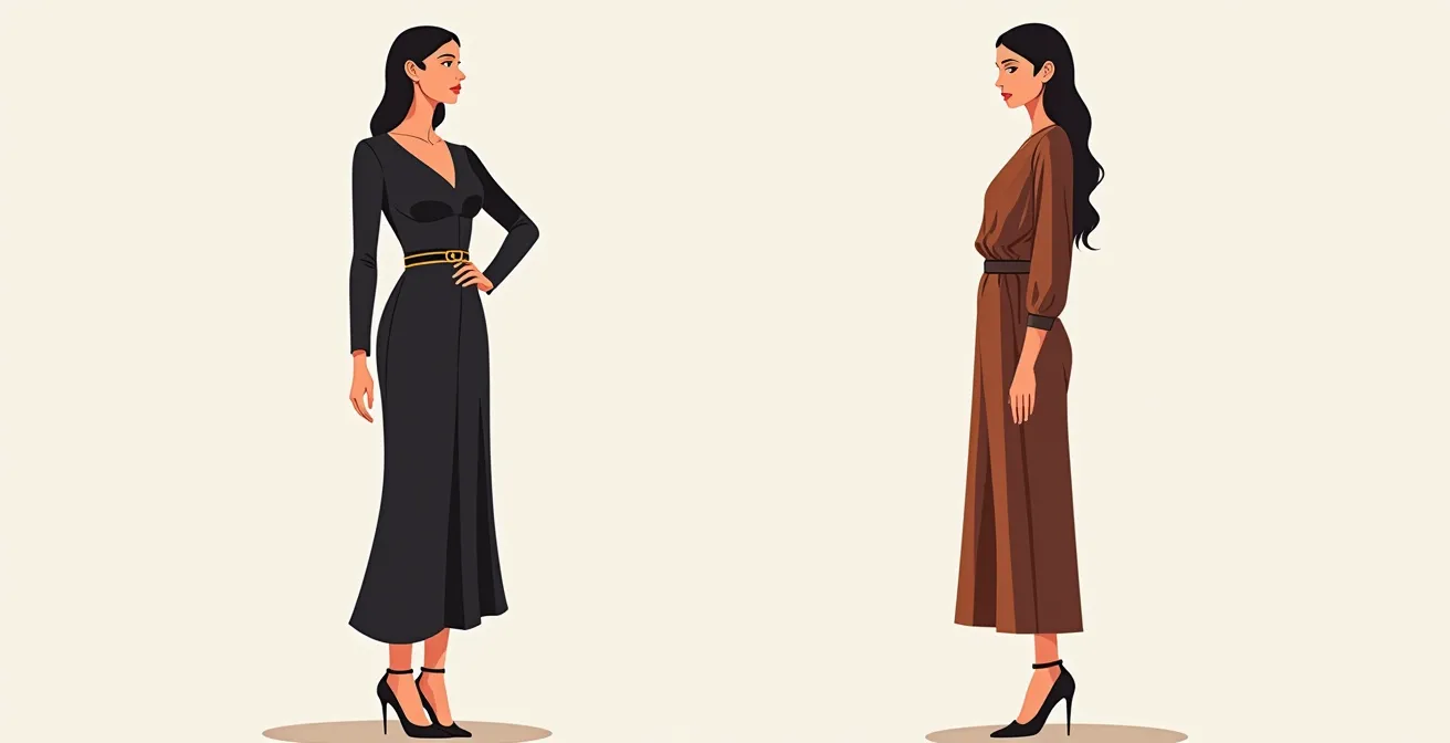 Zwei weibliche Silhouetten, eine mit betonter Taille (Sanduhr-Silhouette), die andere mit vertikalen Linien und längerer Proportion.