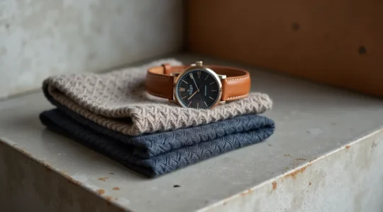 Ein minimalistisches Setup mit hochwertigen deutschen Alltagsluxus-Objekten auf einer edlen Oberfläche