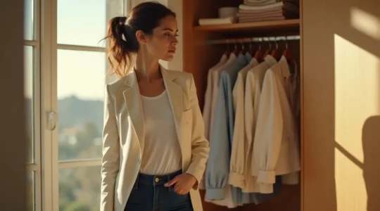 Elegante Frau in zeitloser Garderobe mit Basics wie Blazer, Jeans und weißem T-Shirt