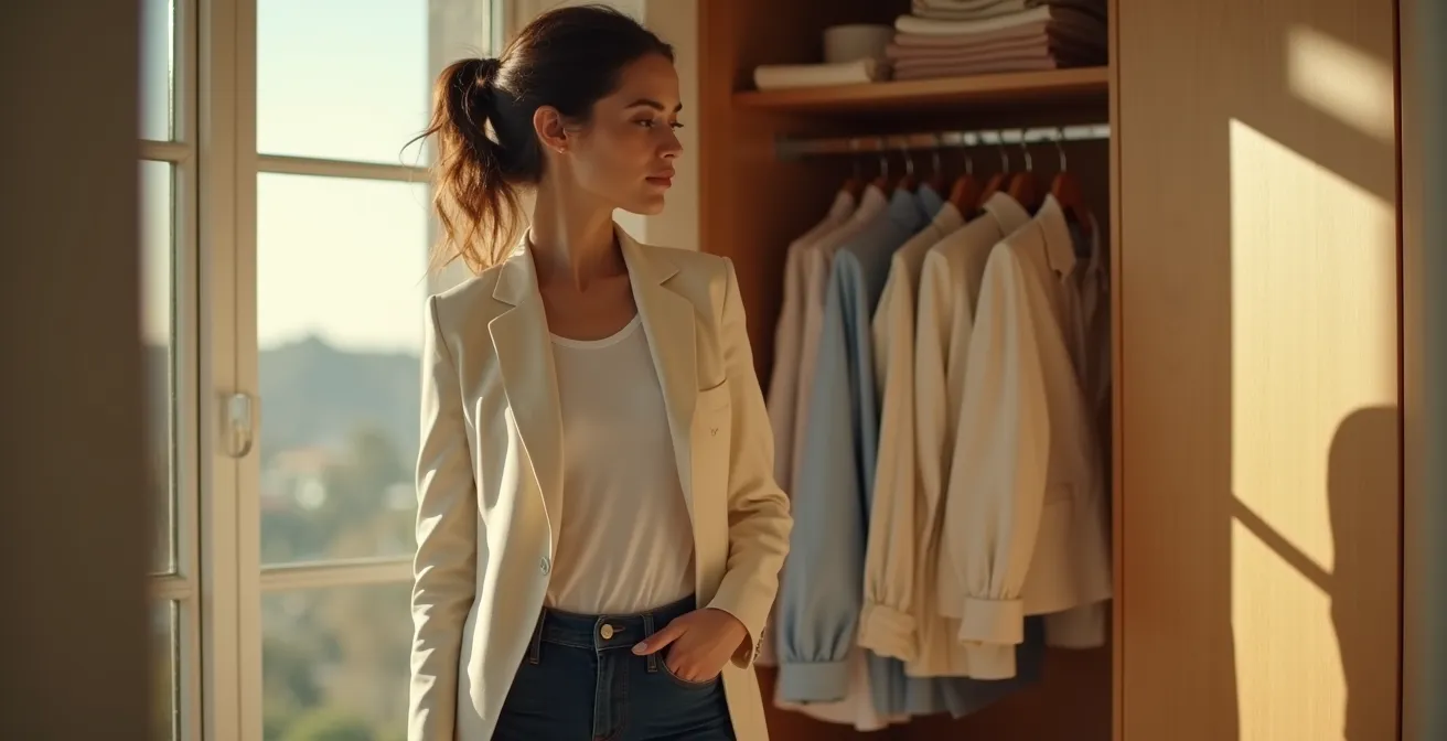 Elegante Frau in zeitloser Garderobe mit Basics wie Blazer, Jeans und weißem T-Shirt