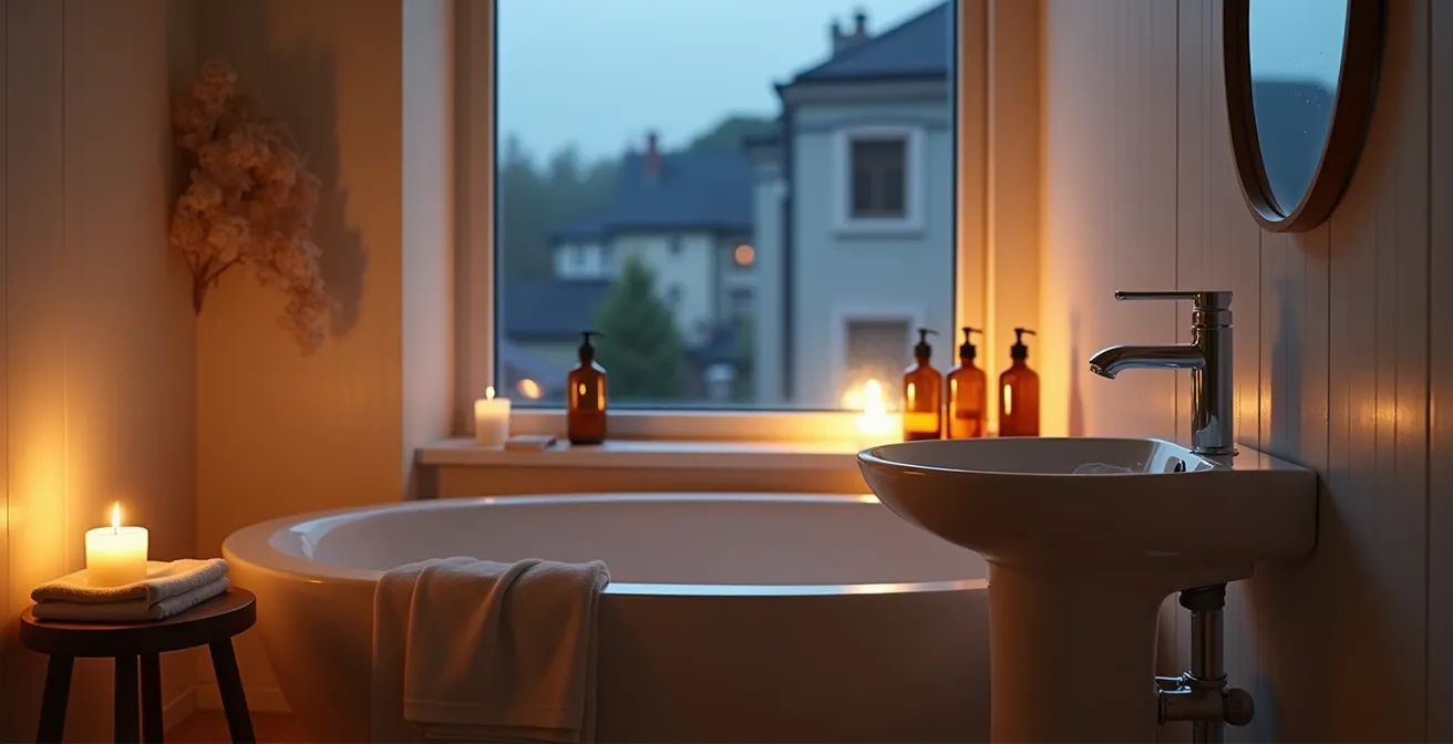 Ruhige Abendszene mit warmem Kerzenlicht und Hautpflegeprodukten im deutschen Bad