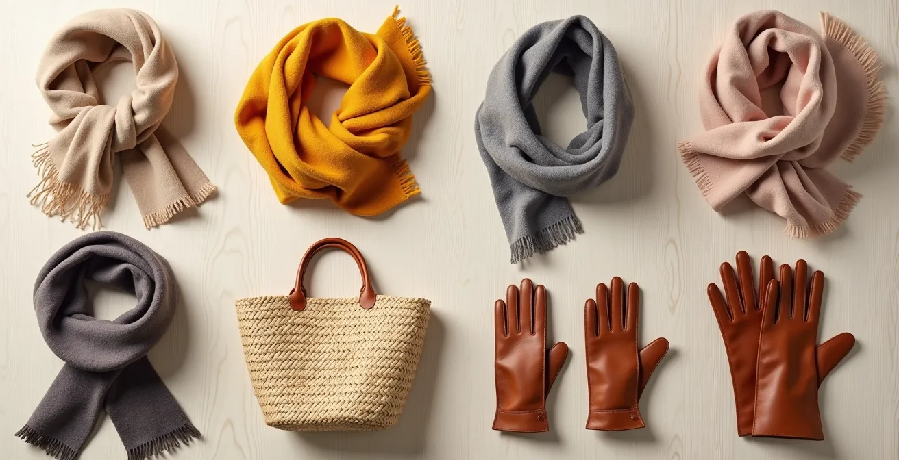 Saisonale Accessoire-Auswahl für deutsches Klima arrangiert nach Jahreszeiten