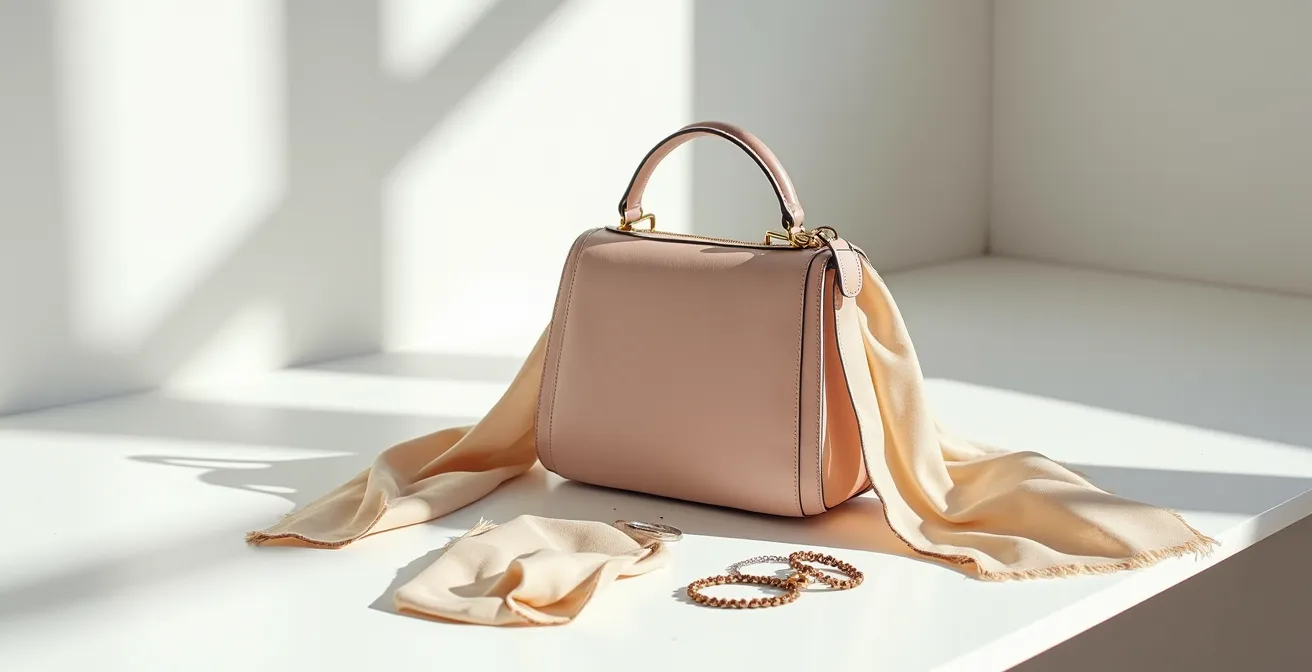 Detailaufnahme einer minimalistisch personalisierten Handtasche mit einem Seidentuch und einem dezenten Lederanhänger.