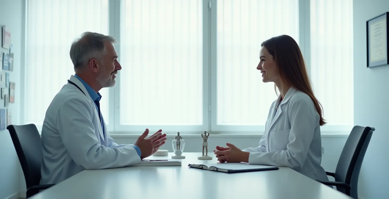 Nahaufnahme eines Beratungsgesprächs zwischen Arzt und Patientin in einer modernen Praxis