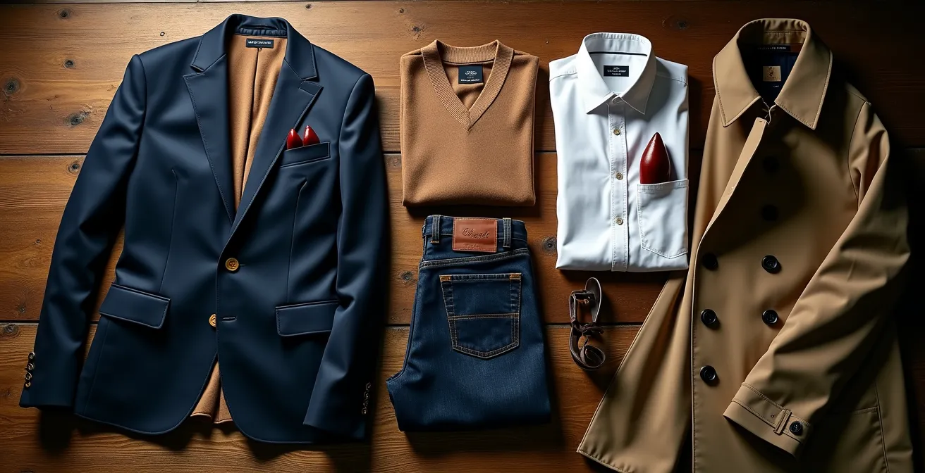 Fünf zeitlose Kleidungsstücke elegant arrangiert auf natürlichem Hintergrund