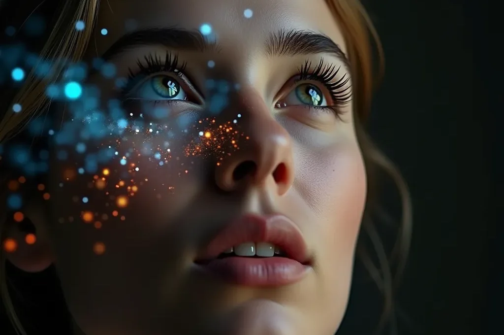 Nahaufnahme eines nachdenklichen Gesichts mit abstrakten Lichtmustern, die die Transformation von Gedanken symbolisieren