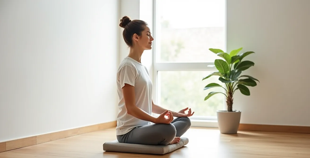 Seitenprofil eines entspannten Gesichts während einer meditativen Übung in einem minimalistischen Raum