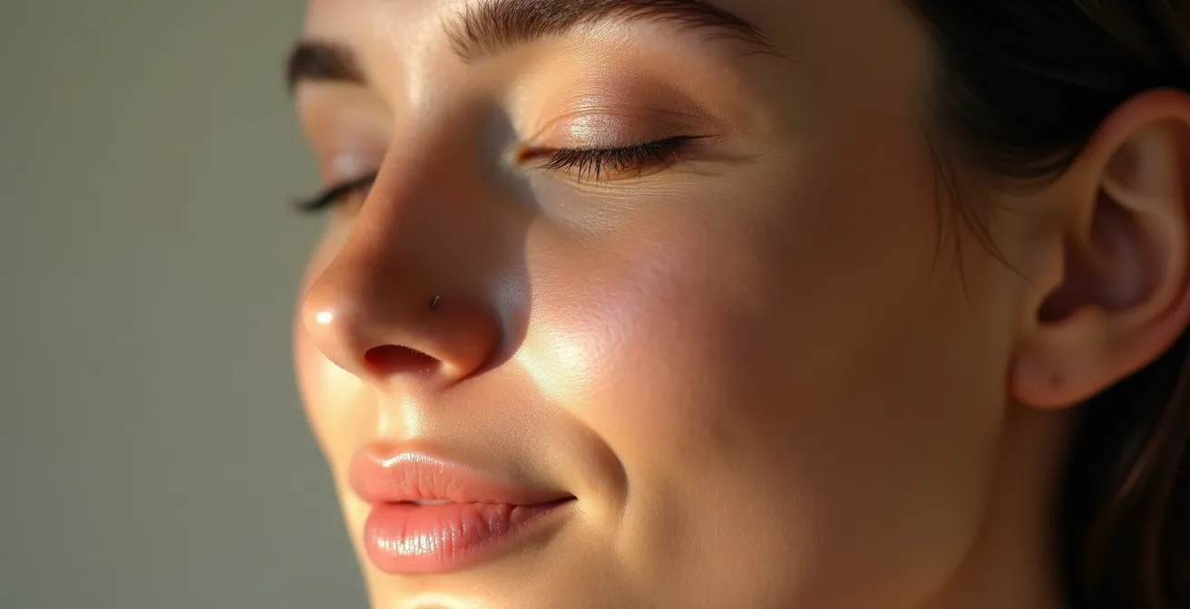 Nahaufnahme eines entspannten Gesichts während der Meditation, bei der die Muskelentspannung sichtbar ist