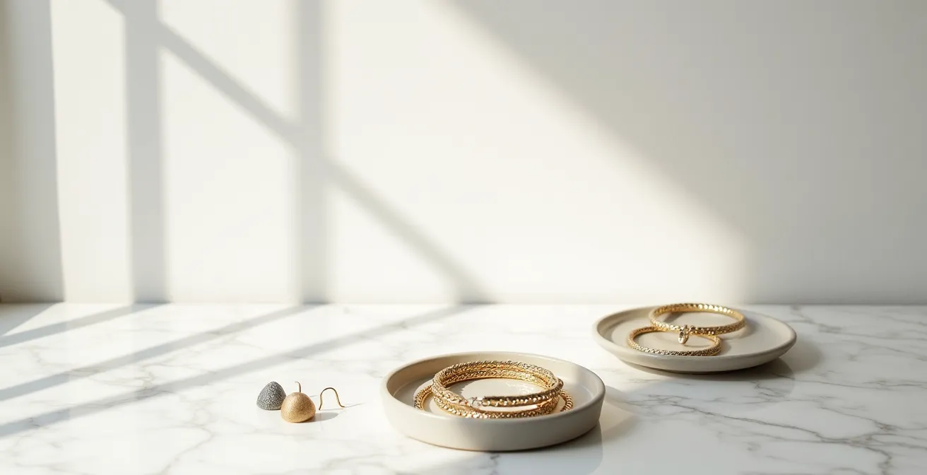 Stilvolle Kombination von Gliederarmbändern mit asymmetrischen Ohrringen in verschiedenen Metallen