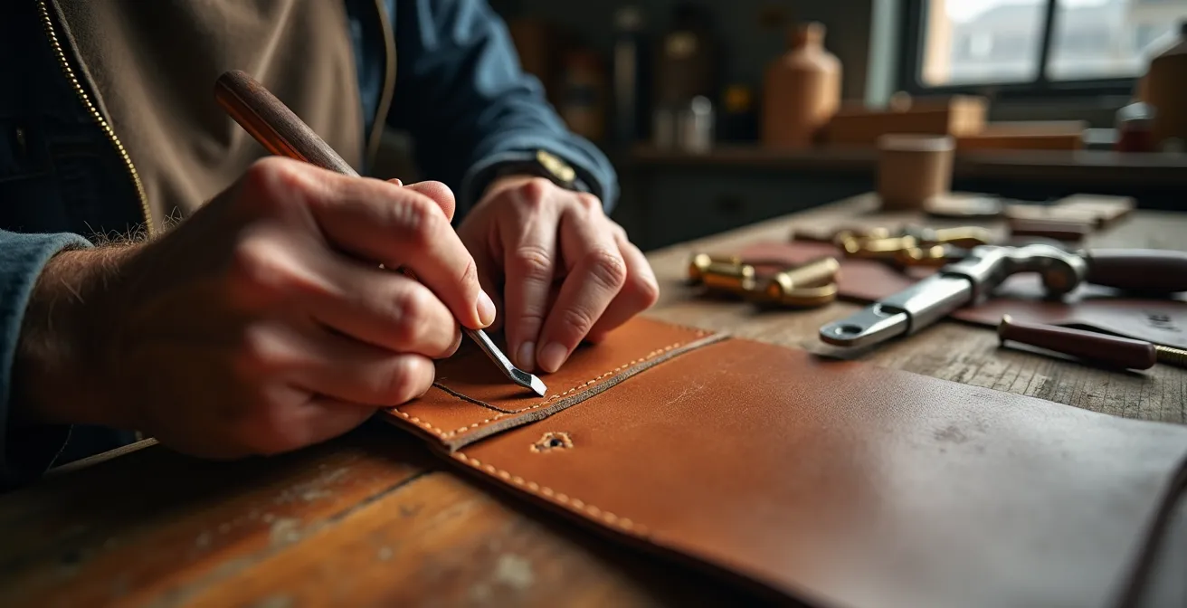 Kunstvolle Detailaufnahme traditioneller Lederhandwerkskunst in einer deutschen Manufaktur